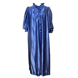 Vtg MISS ELAINE Women’s Long SATIN Ruffled Nightgown Robe House Coat ROYAL BLUE